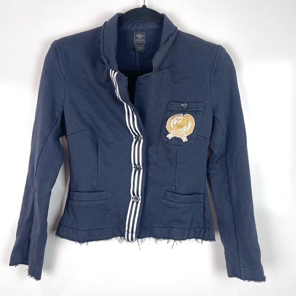 Vintage Adidas Logo Crest Blazer Jacket Navy Blue Women's Size Small Distressed - Picture 1 of 10